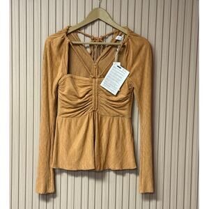 Jonathan Simkhai Alanna Plissé Faux Suede Long Sleeve Top Camel Women’s Size S